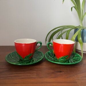 VINTAGE Tomato Ceramic Tea Cups and Saucers - Set of 2